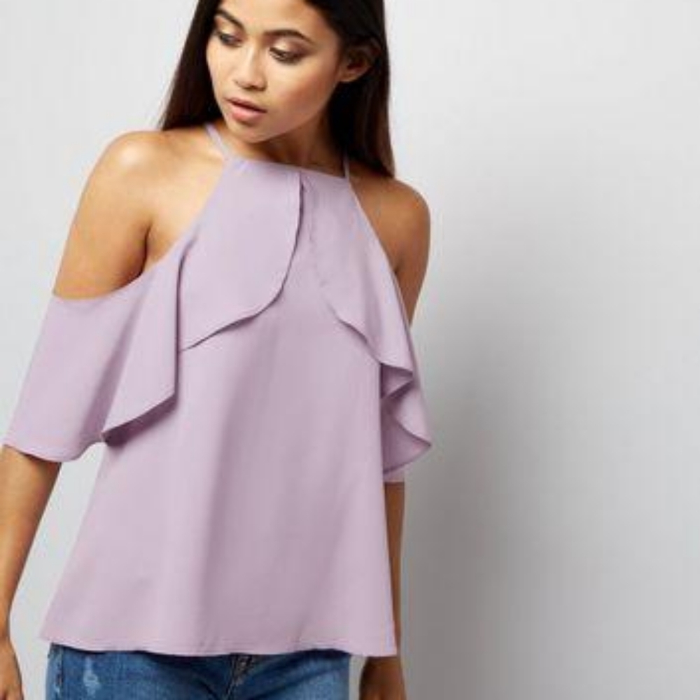 New Look Petite High Neck Ruffle Sleeve Cold Shoulder Top